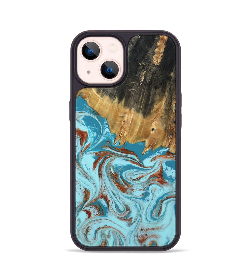 iPhone 14 Wood Phone Case - Zhuri (Teal & Gold, 801916)