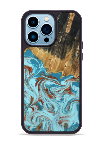 iPhone 14 Pro Max Wood Phone Case - Zhuri (Teal & Gold, 801916)