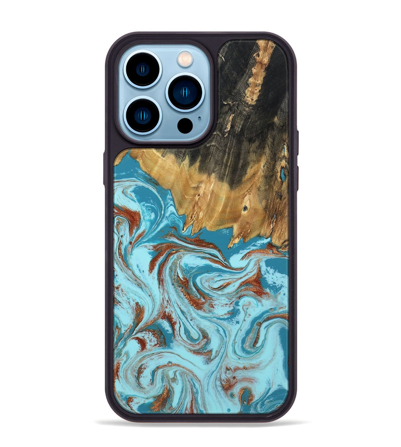 iPhone 14 Pro Max Wood Phone Case - Zhuri (Teal & Gold, 801916)