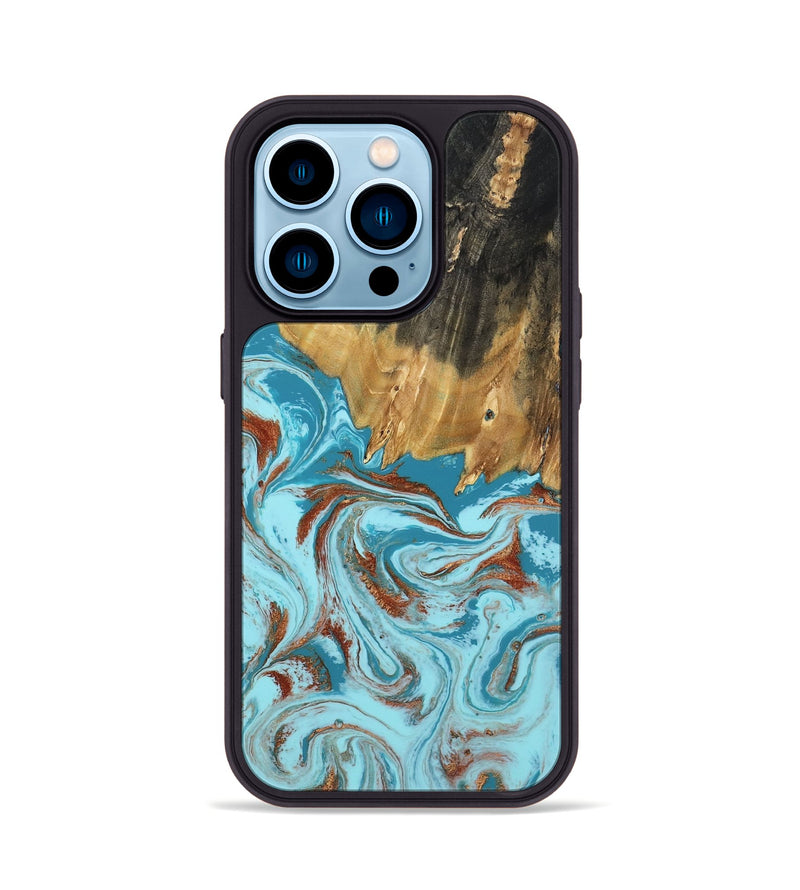 iPhone 14 Pro Wood Phone Case - Zhuri (Teal & Gold, 801916)