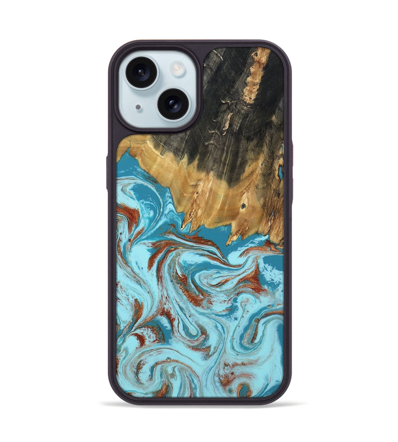 iPhone 15 Wood Phone Case - Zhuri (Teal & Gold, 801916)