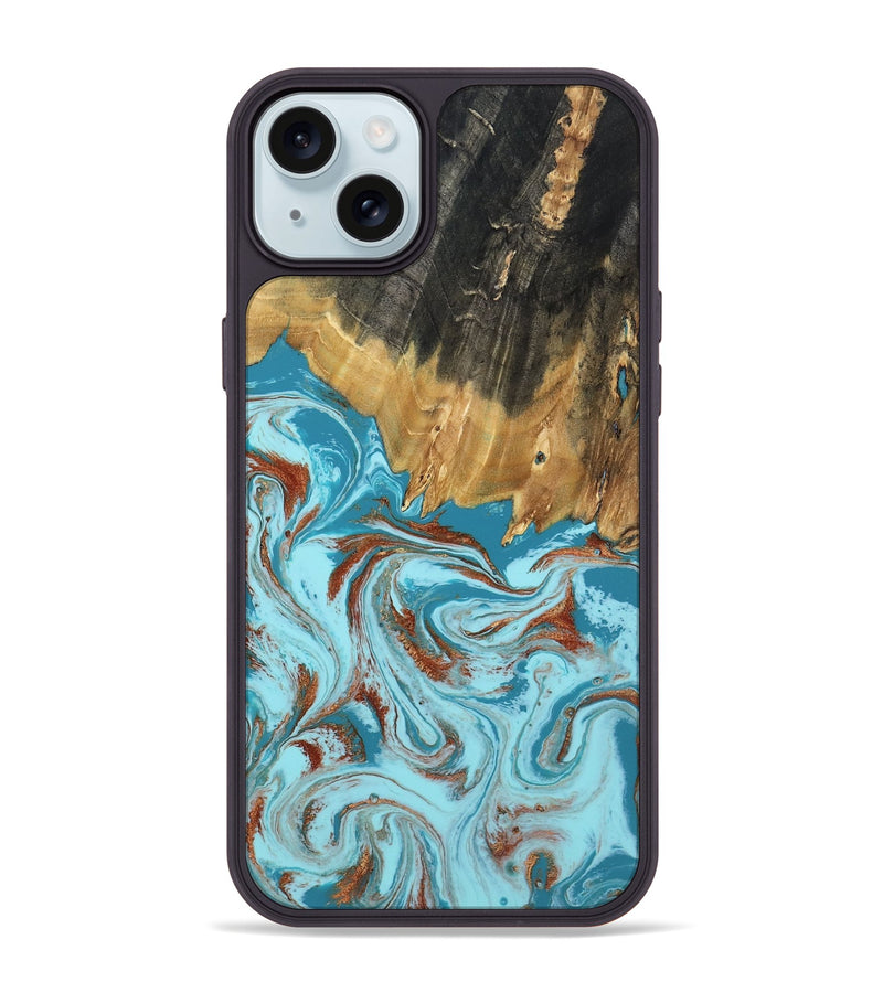 iPhone 15 Plus Wood Phone Case - Zhuri (Teal & Gold, 801916)