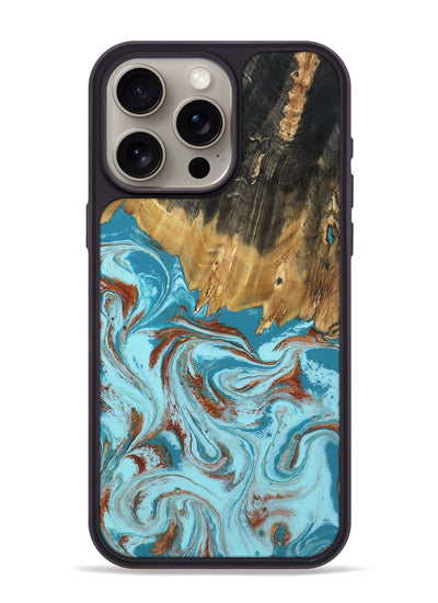 iPhone 15 Pro Max Wood Phone Case - Zhuri (Teal & Gold, 801916)