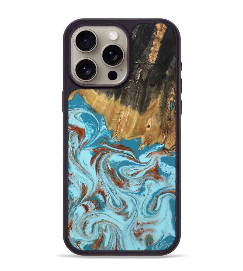 iPhone 15 Pro Max Wood Phone Case - Zhuri (Teal & Gold, 801916)