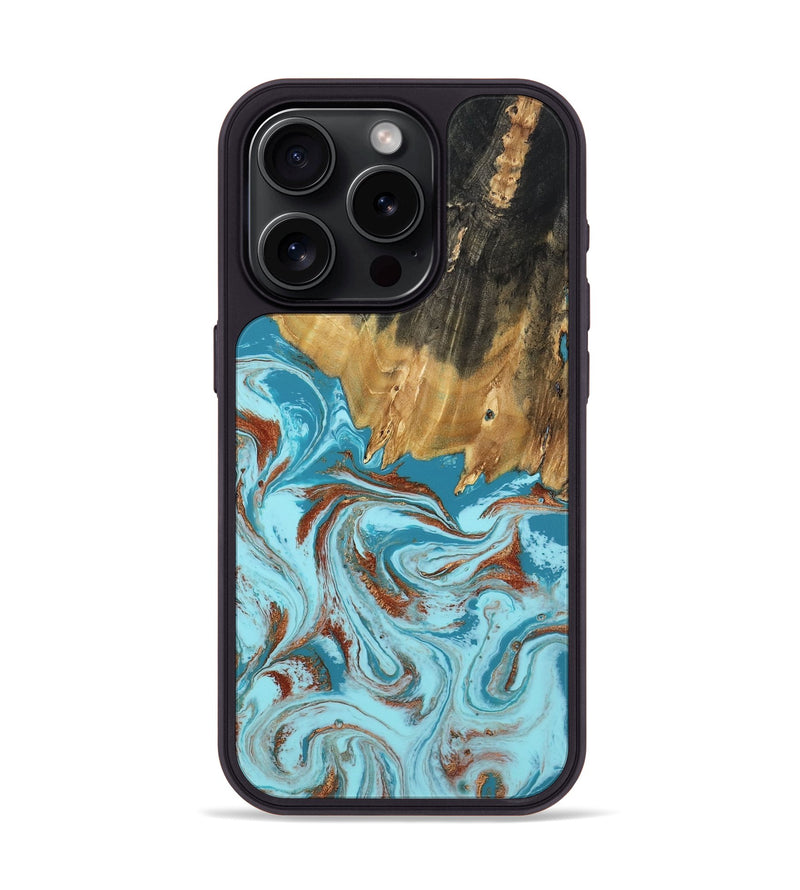 iPhone 15 Pro Wood Phone Case - Zhuri (Teal & Gold, 801916)