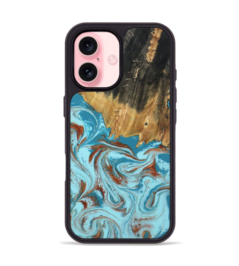 iPhone 16 Wood Phone Case - Zhuri (Teal & Gold, 801916)