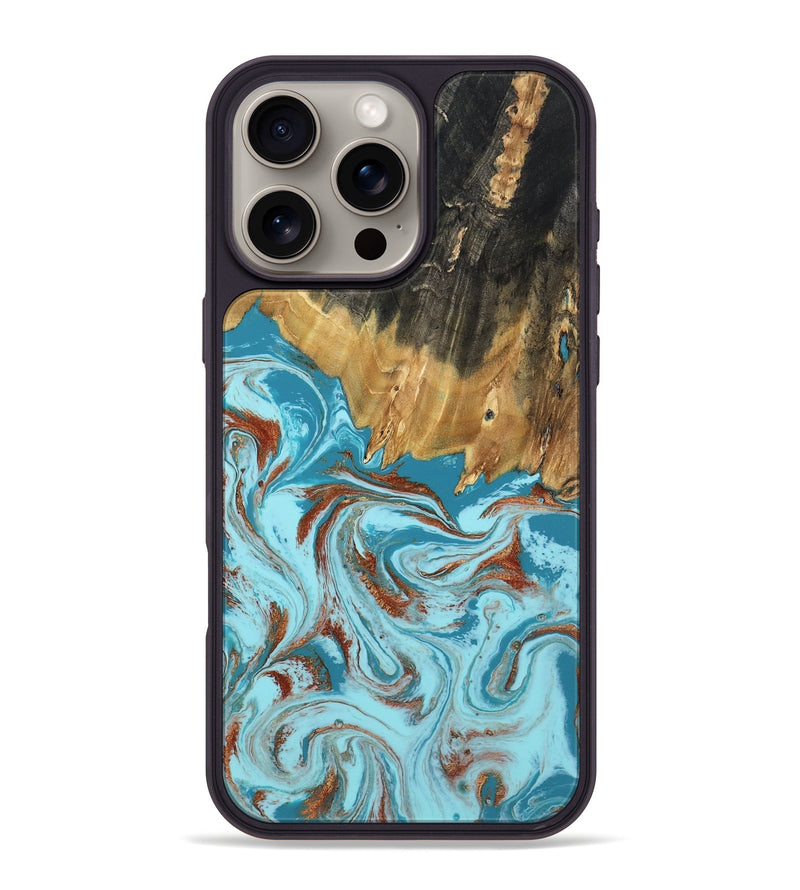 iPhone 16 Pro Max Wood Phone Case - Zhuri (Teal & Gold, 801916)