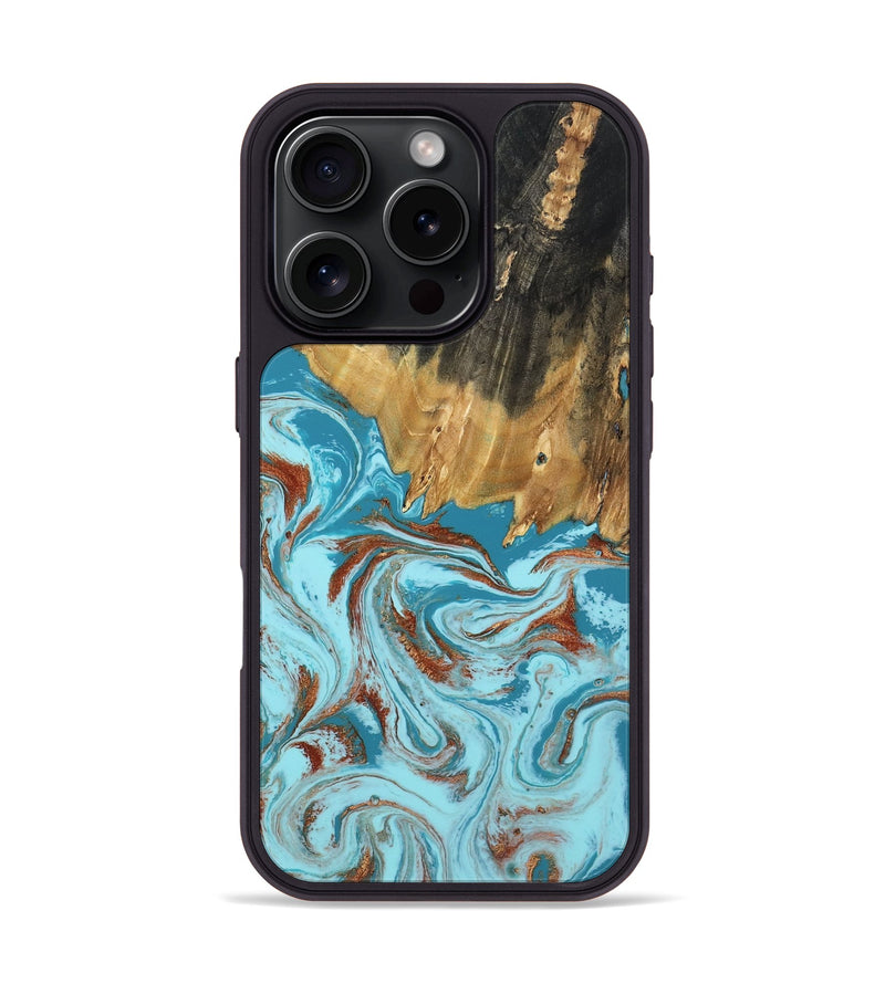 iPhone 16 Pro Wood Phone Case - Zhuri (Teal & Gold, 801916)