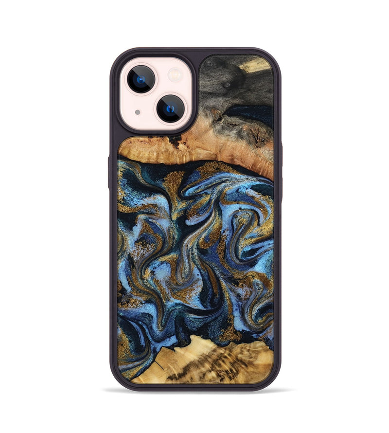 iPhone 14 Wood Phone Case - Yael (Teal & Gold, 801917)