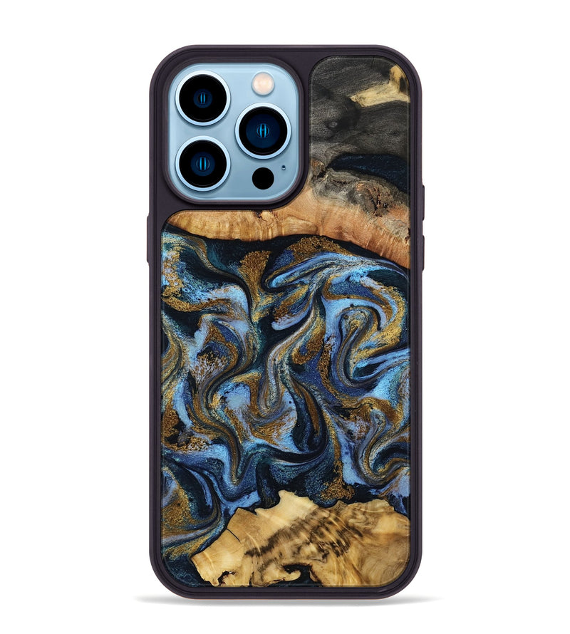 iPhone 14 Pro Max Wood Phone Case - Yael (Teal & Gold, 801917)