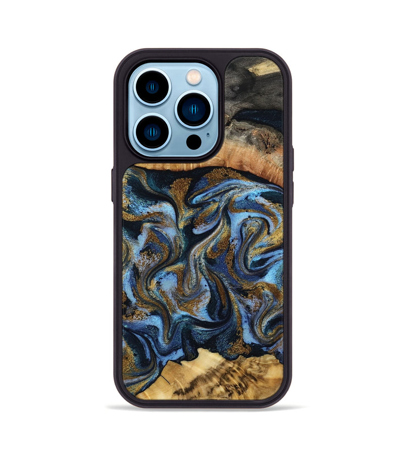 iPhone 14 Pro Wood Phone Case - Yael (Teal & Gold, 801917)