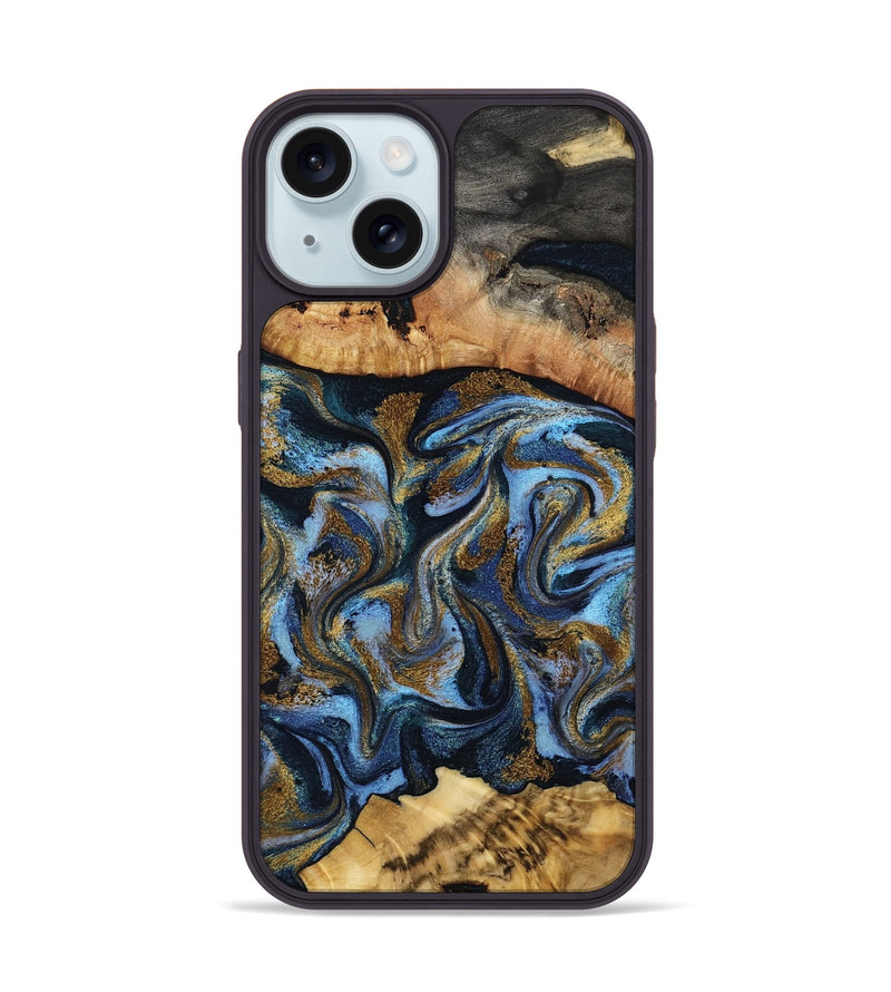 iPhone 15 Wood Phone Case - Yael (Teal & Gold, 801917)