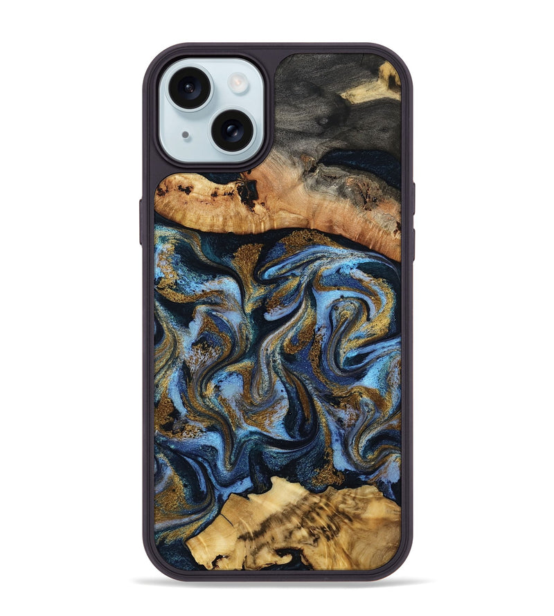 iPhone 15 Plus Wood Phone Case - Yael (Teal & Gold, 801917)