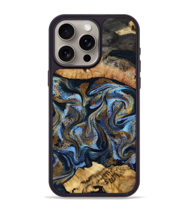 iPhone 15 Pro Max Wood Phone Case - Yael (Teal & Gold, 801917)