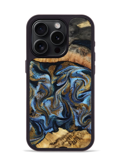 iPhone 15 Pro Wood Phone Case - Yael (Teal & Gold, 801917)