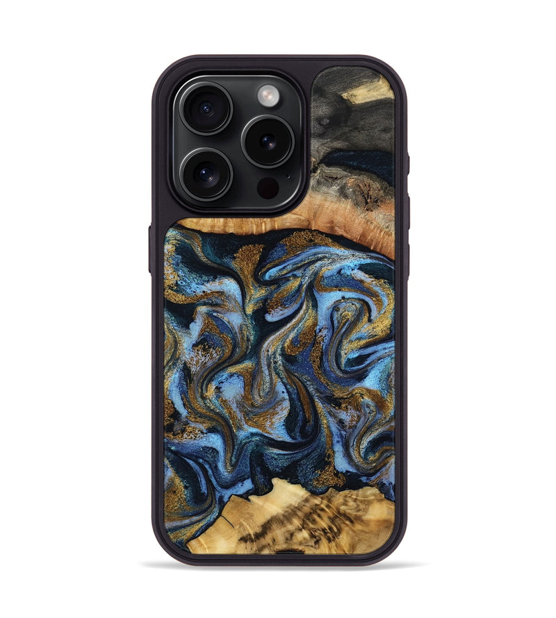 iPhone 15 Pro Wood Phone Case - Yael (Teal & Gold, 801917)