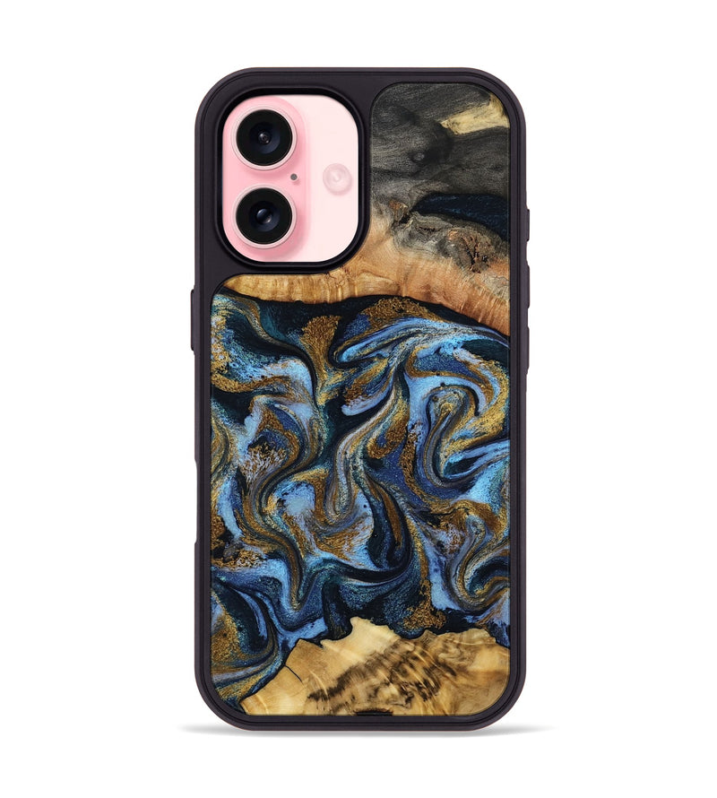 iPhone 16 Wood Phone Case - Yael (Teal & Gold, 801917)