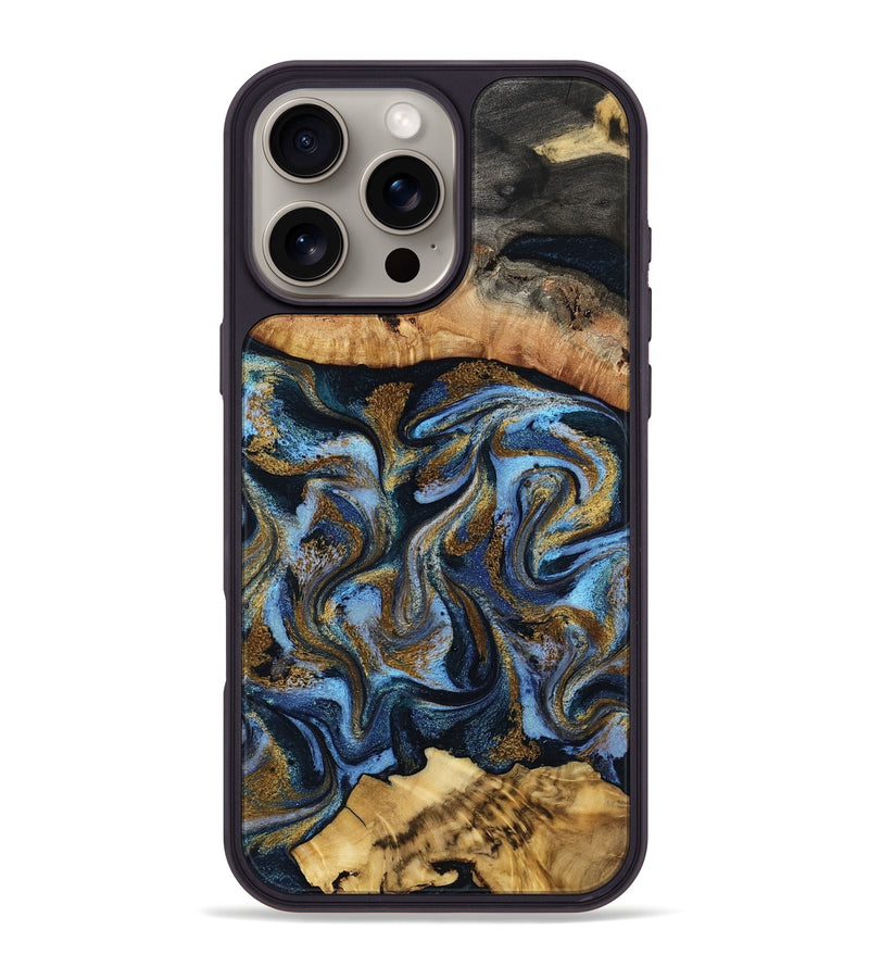 iPhone 16 Pro Max Wood Phone Case - Yael (Teal & Gold, 801917)