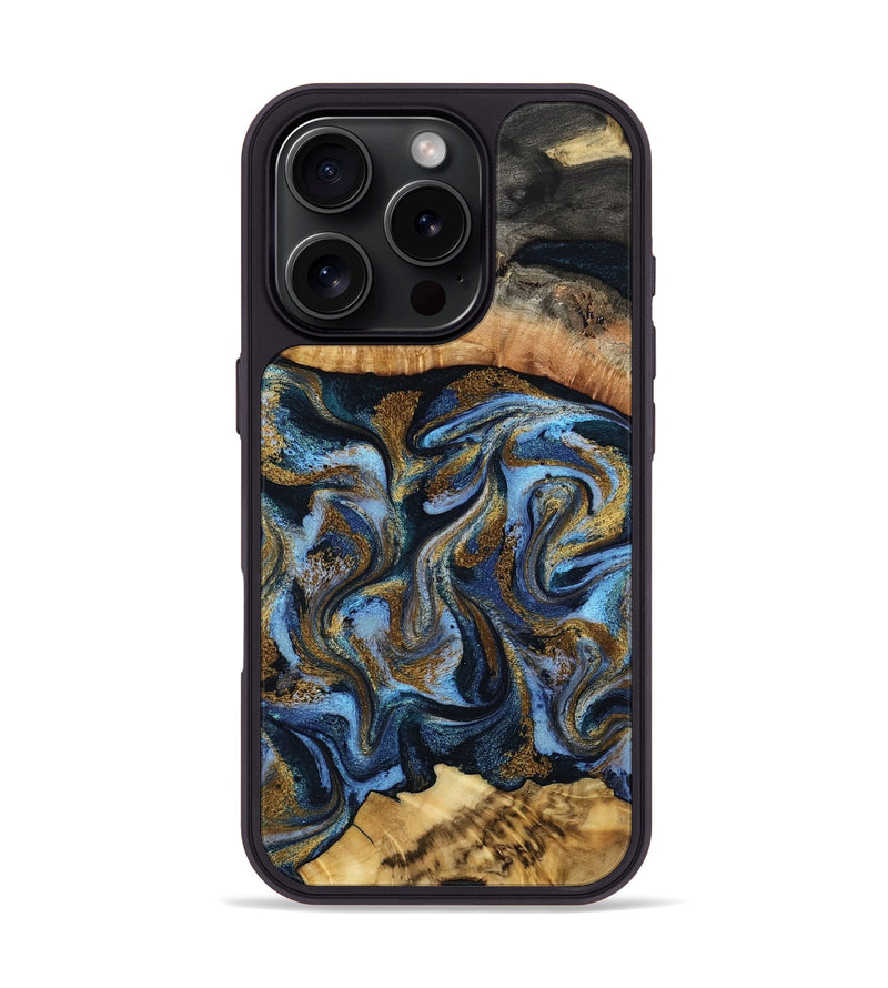 iPhone 16 Pro Wood Phone Case - Yael (Teal & Gold, 801917)