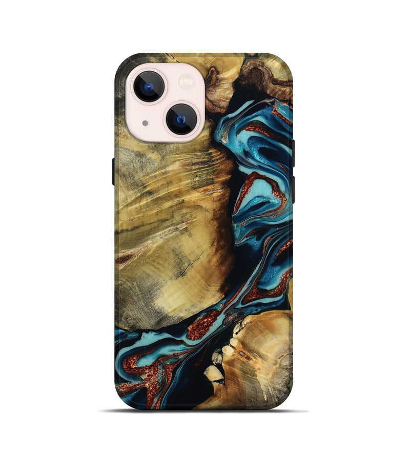 iPhone 13 mini Wood Live Edge Phone Case - Duncan (Teal & Gold, 801949)