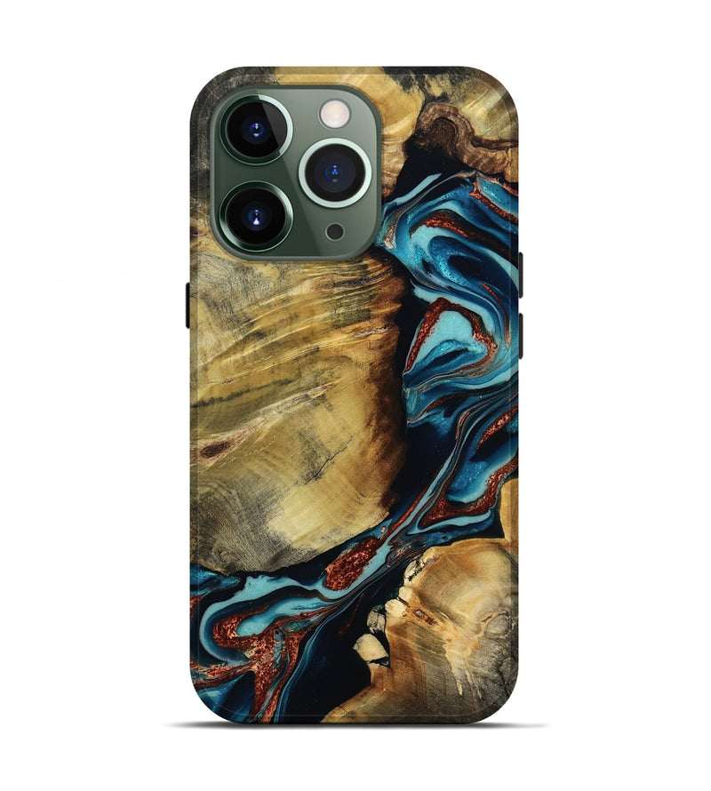 iPhone 13 Pro Wood Live Edge Phone Case - Duncan (Teal & Gold, 801949)