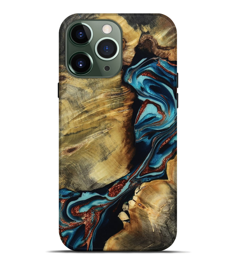iPhone 13 Pro Max Wood Live Edge Phone Case - Duncan (Teal & Gold, 801949)