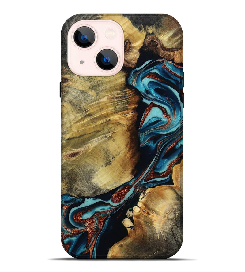 iPhone 14 Plus Wood Live Edge Phone Case - Duncan (Teal & Gold, 801949)