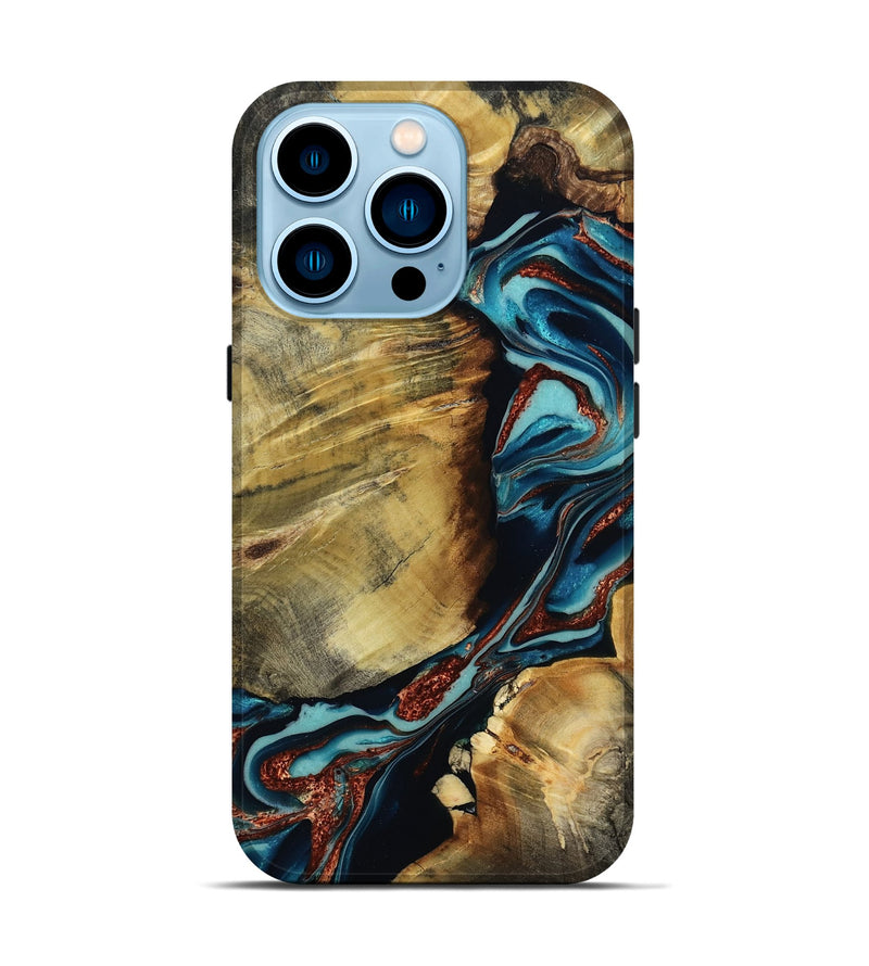 iPhone 14 Pro Wood Live Edge Phone Case - Duncan (Teal & Gold, 801949)