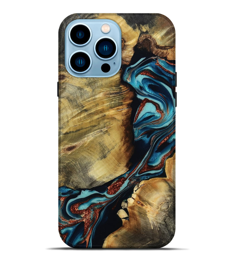 iPhone 14 Pro Max Wood Live Edge Phone Case - Duncan (Teal & Gold, 801949)