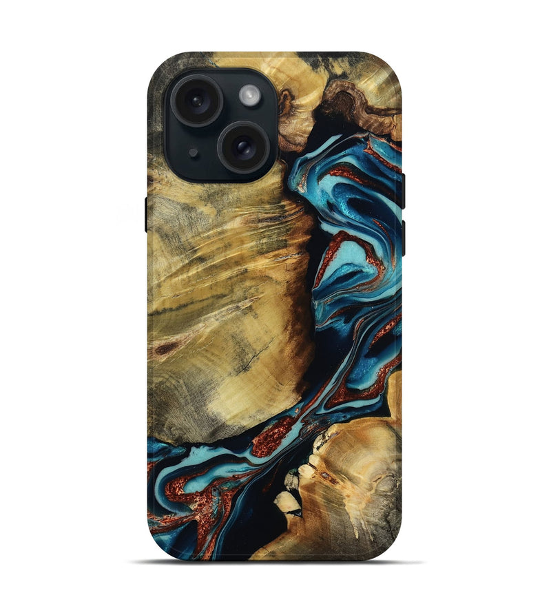 iPhone 15 Wood Live Edge Phone Case - Duncan (Teal & Gold, 801949)