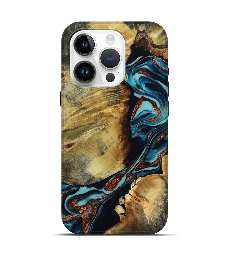 iPhone 15 Pro Wood Live Edge Phone Case - Duncan (Teal & Gold, 801949)