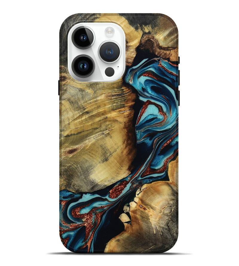 iPhone 15 Pro Max Wood Live Edge Phone Case - Duncan (Teal & Gold, 801949)