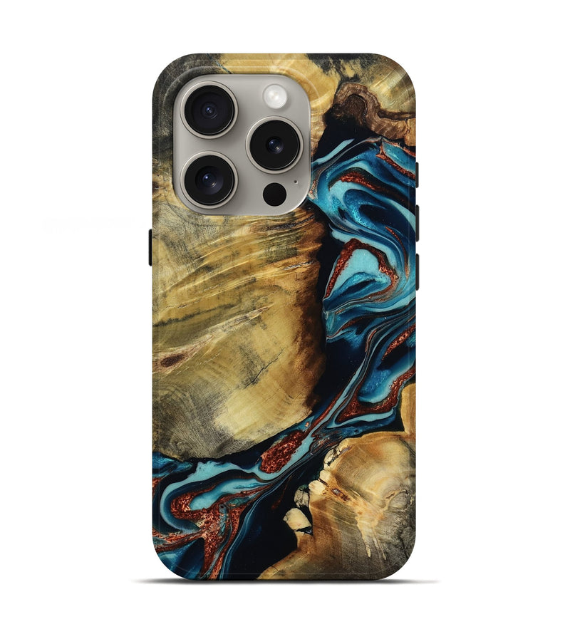 iPhone 16 Pro Wood Live Edge Phone Case - Duncan (Teal & Gold, 801949)