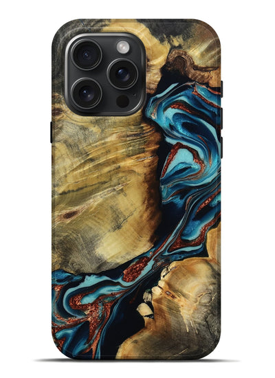 iPhone 16 Pro Max Wood Live Edge Phone Case - Duncan (Teal & Gold, 801949)