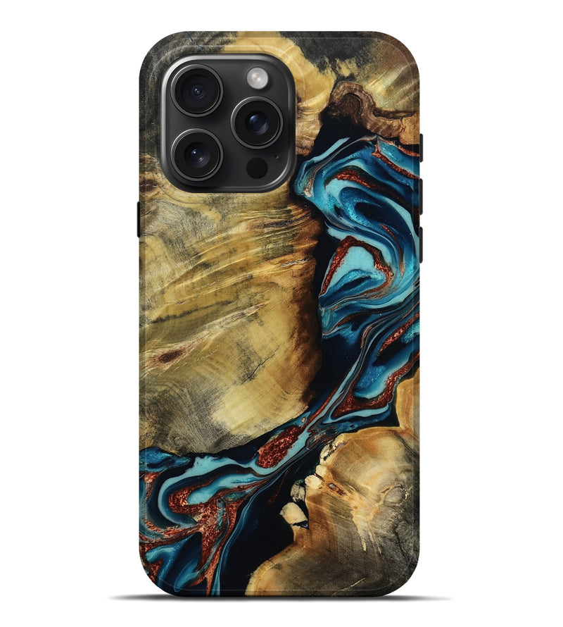 iPhone 16 Pro Max Wood Live Edge Phone Case - Duncan (Teal & Gold, 801949)
