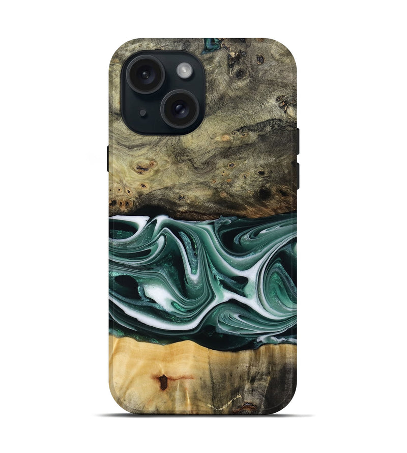 iPhone 15 Wood Live Edge Phone Case - Samatha (Green, 801951)