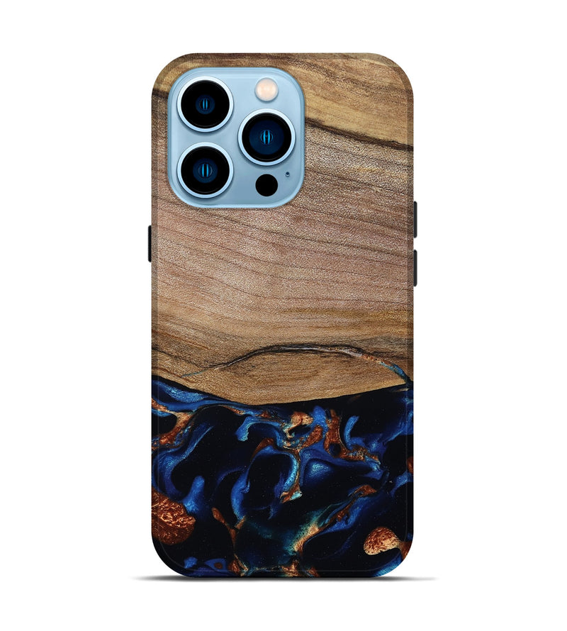 iPhone 14 Pro Wood Live Edge Phone Case - Samson (Teal & Gold, 801961)