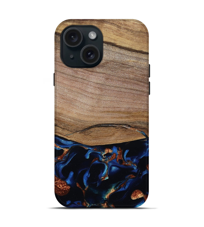 iPhone 15 Wood Live Edge Phone Case - Samson (Teal & Gold, 801961)