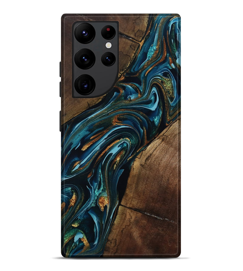 Galaxy S22 Ultra Wood Live Edge Phone Case - Cash (Teal & Gold, 801973)