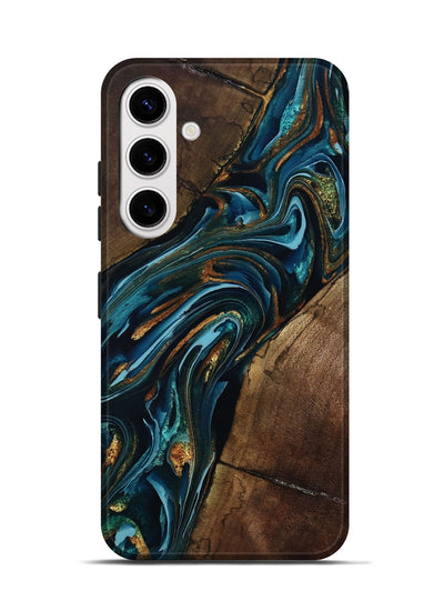 Galaxy S25 Wood Live Edge Phone Case - Cash (Teal & Gold, 801973)