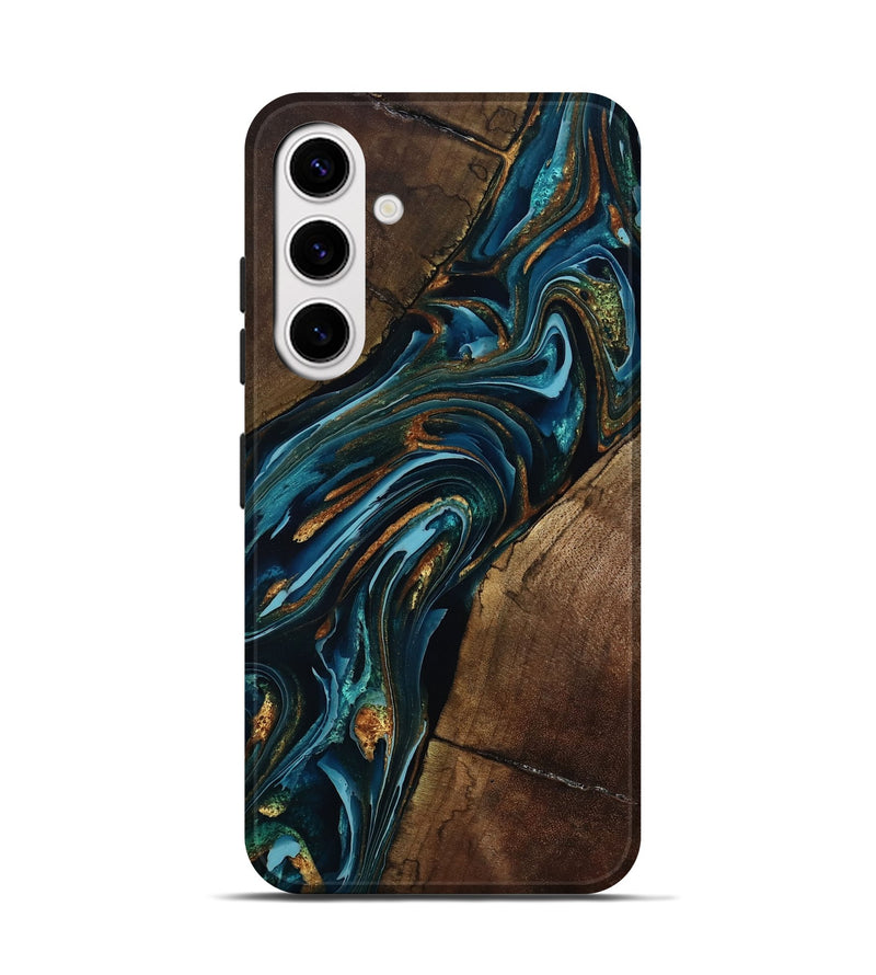 Galaxy S25 Wood Live Edge Phone Case - Cash (Teal & Gold, 801973)