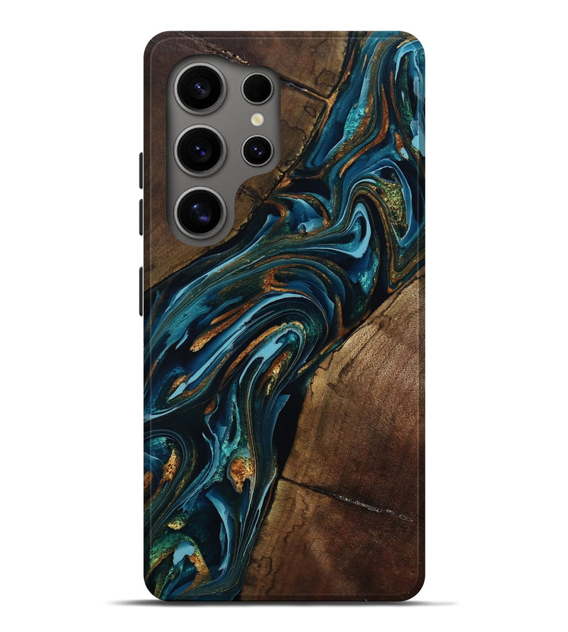 Galaxy S25 Ultra Wood Live Edge Phone Case - Cash (Teal & Gold, 801973)