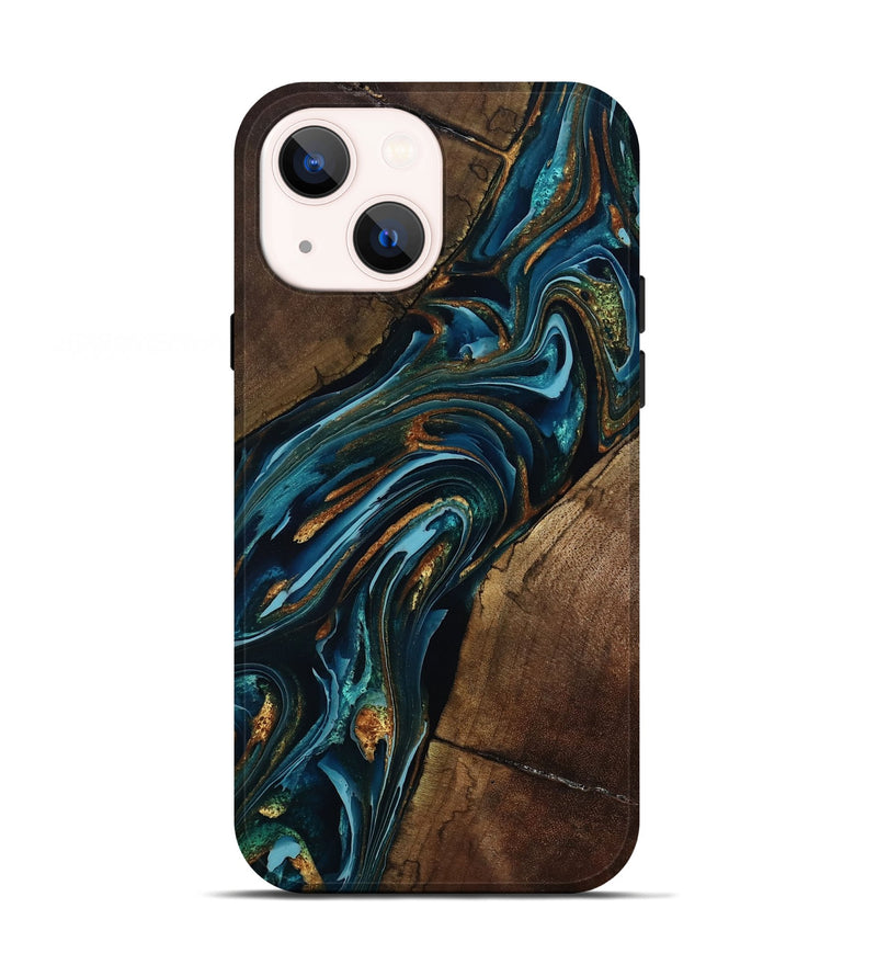iPhone 13 Wood Live Edge Phone Case - Cash (Teal & Gold, 801973)