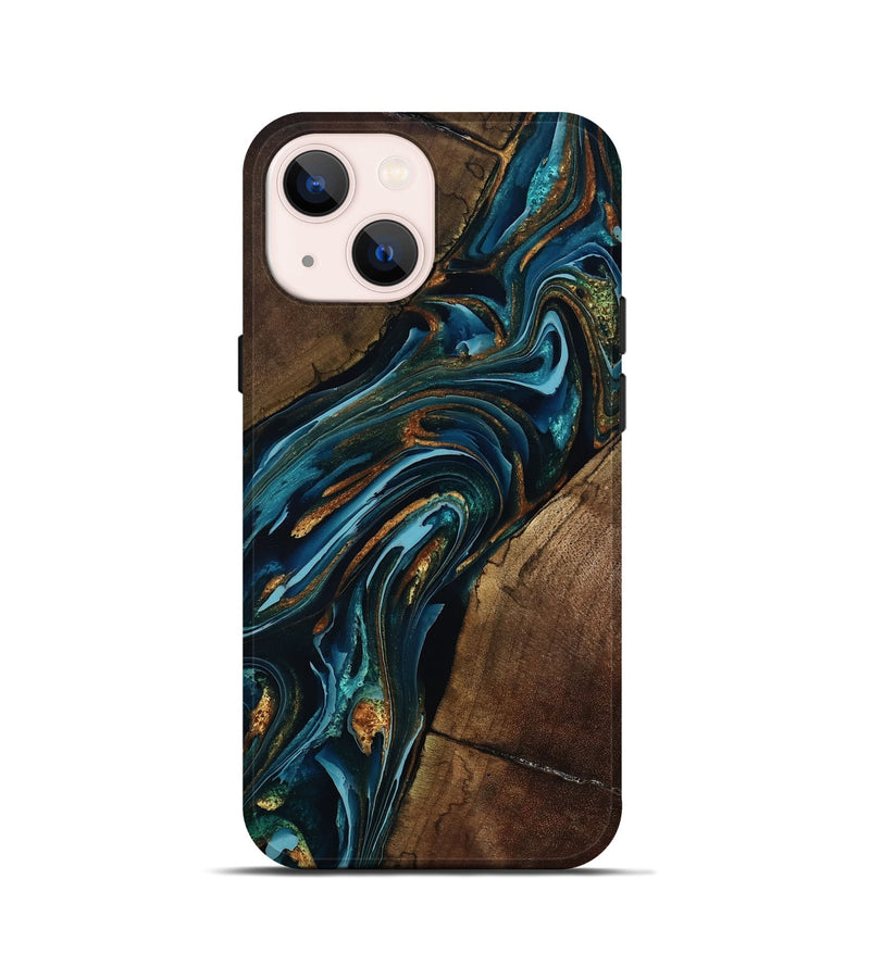 iPhone 13 mini Wood Live Edge Phone Case - Cash (Teal & Gold, 801973)