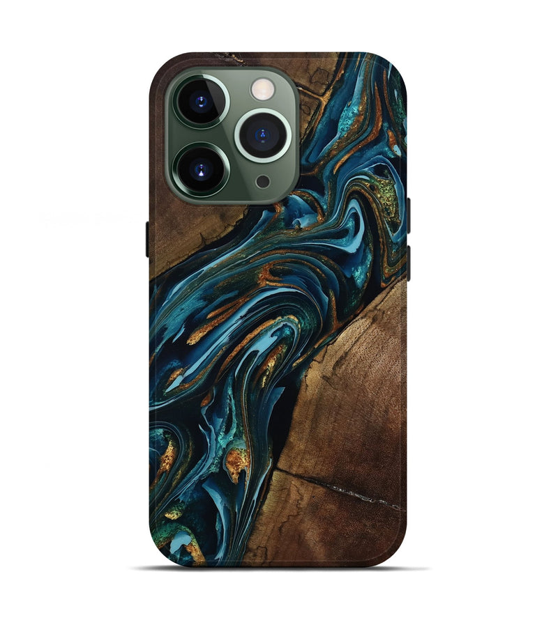 iPhone 13 Pro Wood Live Edge Phone Case - Cash (Teal & Gold, 801973)