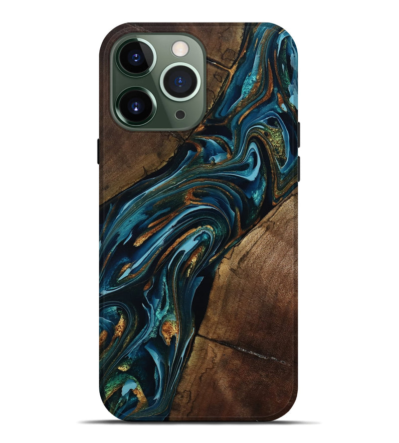 iPhone 13 Pro Max Wood Live Edge Phone Case - Cash (Teal & Gold, 801973)