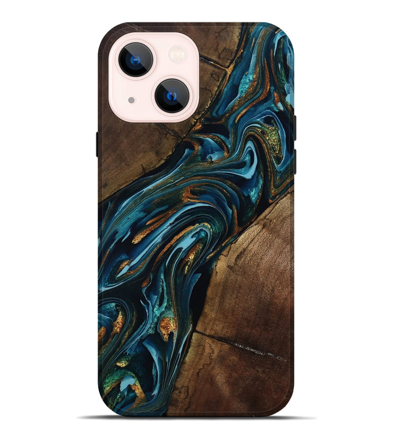 iPhone 14 Plus Wood Live Edge Phone Case - Cash (Teal & Gold, 801973)