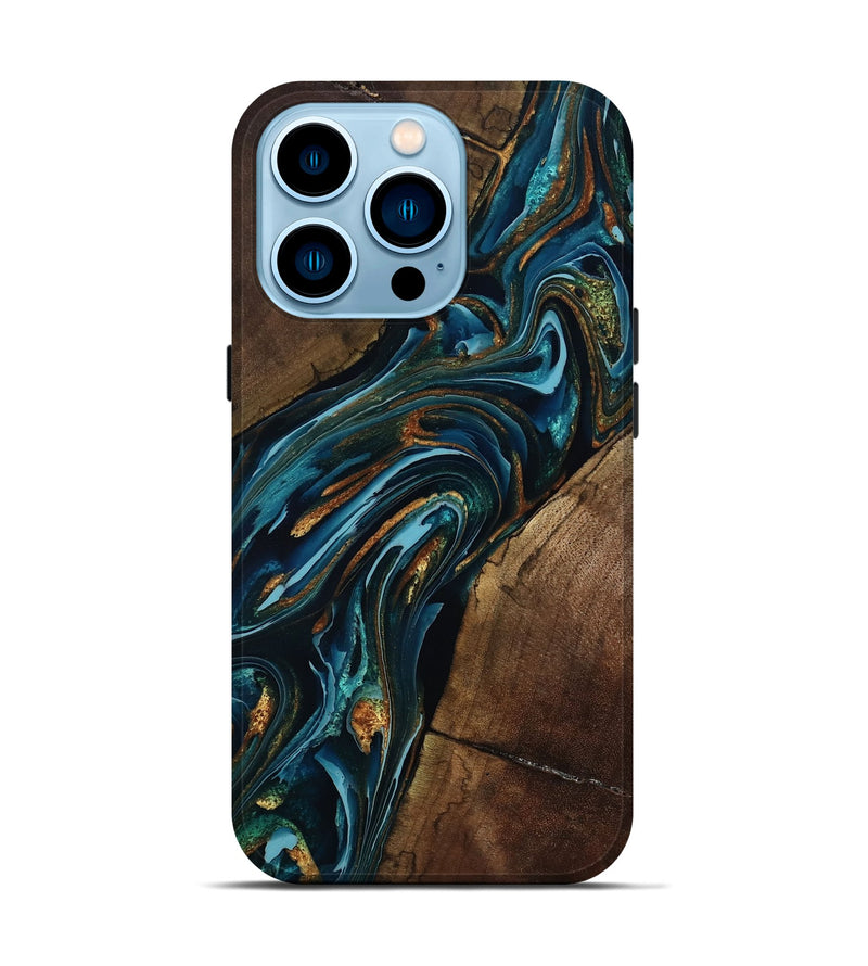 iPhone 14 Pro Wood Live Edge Phone Case - Cash (Teal & Gold, 801973)