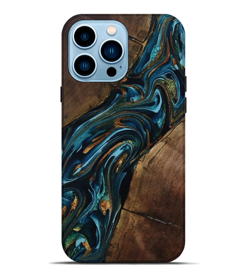 iPhone 14 Pro Max Wood Live Edge Phone Case - Cash (Teal & Gold, 801973)
