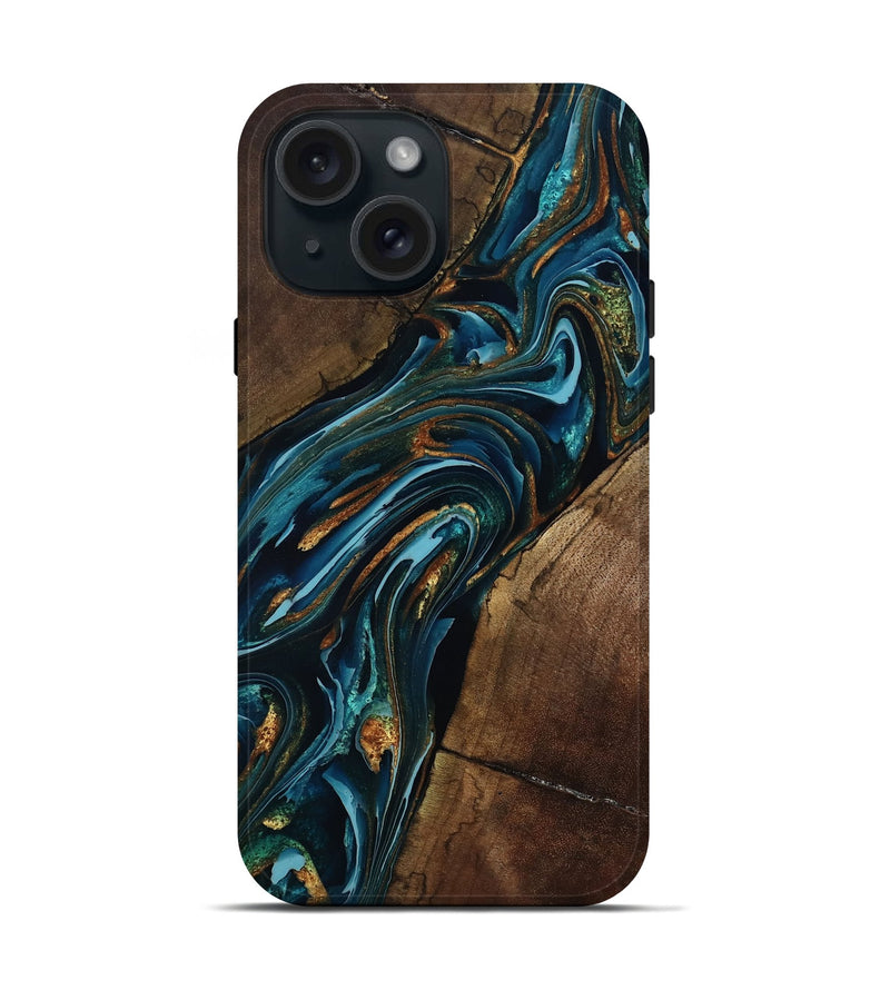iPhone 15 Wood Live Edge Phone Case - Cash (Teal & Gold, 801973)